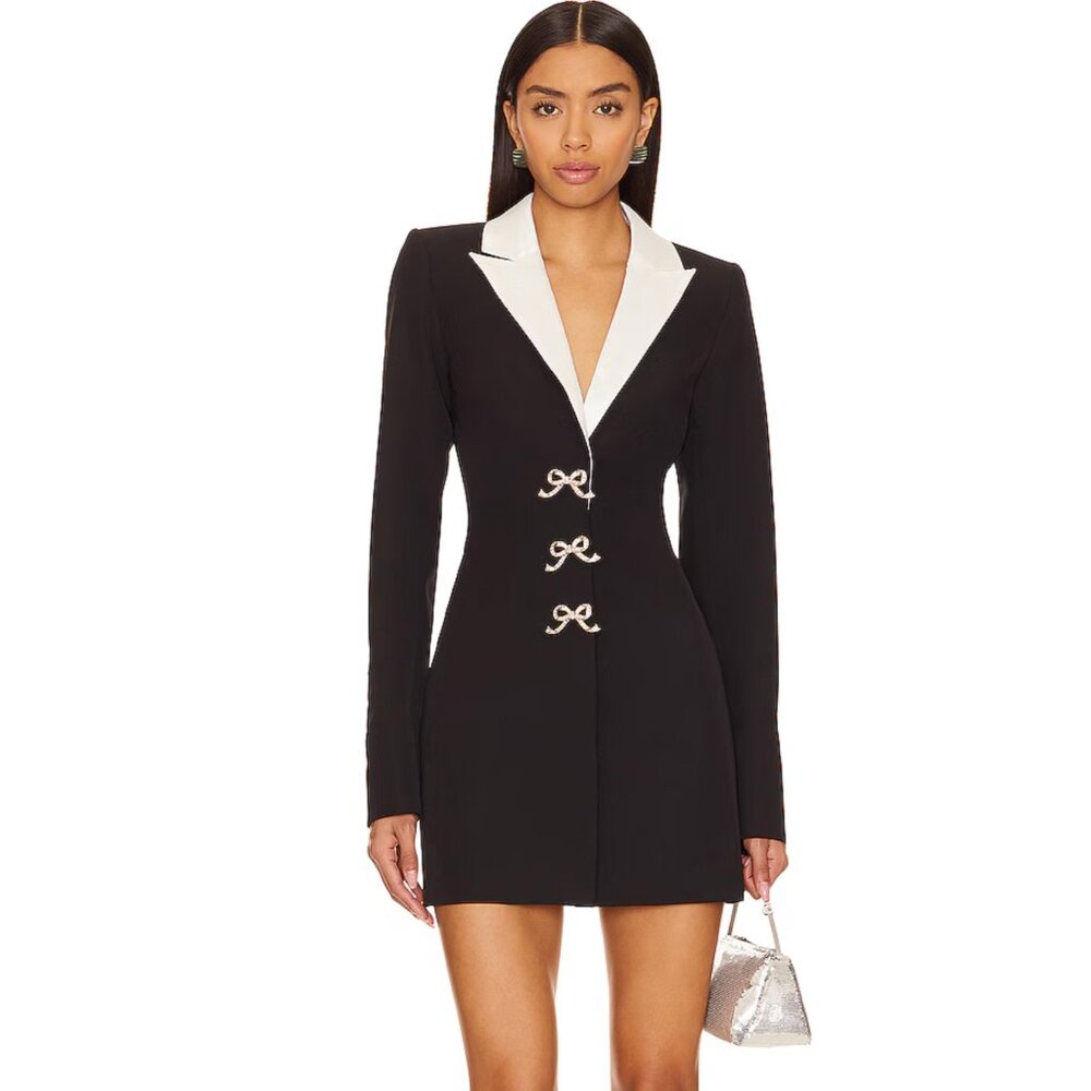 NEW MAJORELLE Avori Blazer Mini Dress in Black & White Long Sleeve Crystal Bow